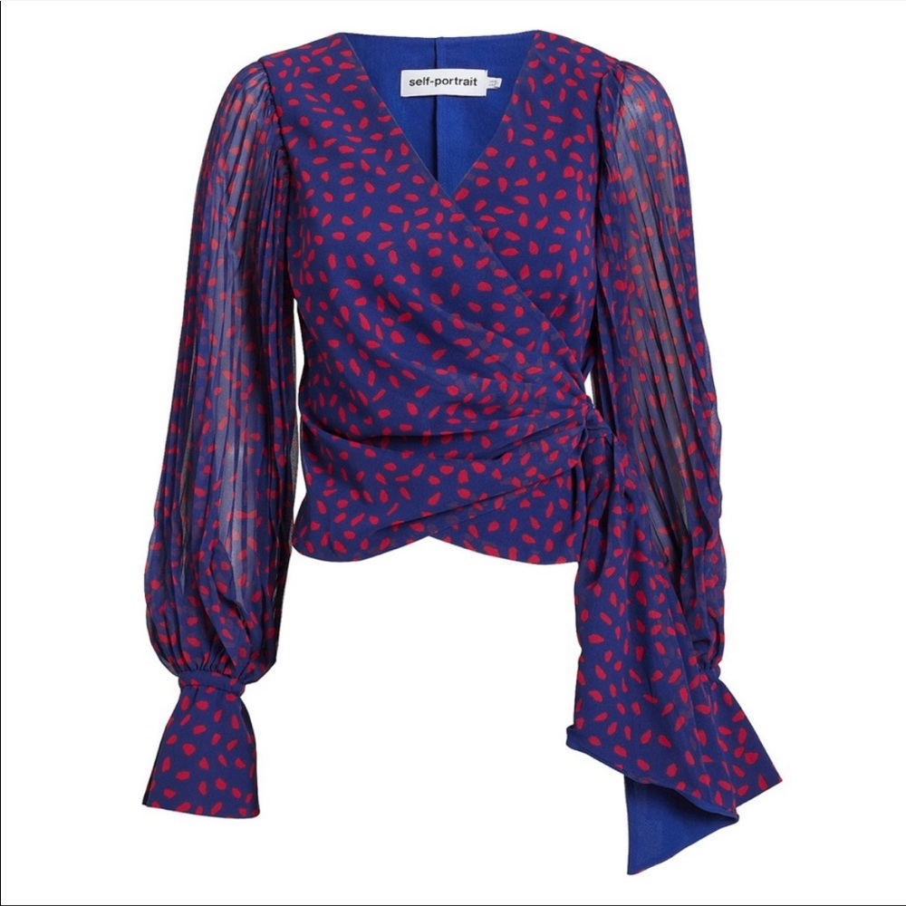 Self portrait crepe printed wrap blouse pleated detail size US 4 blue/red - Picture 2 of 11